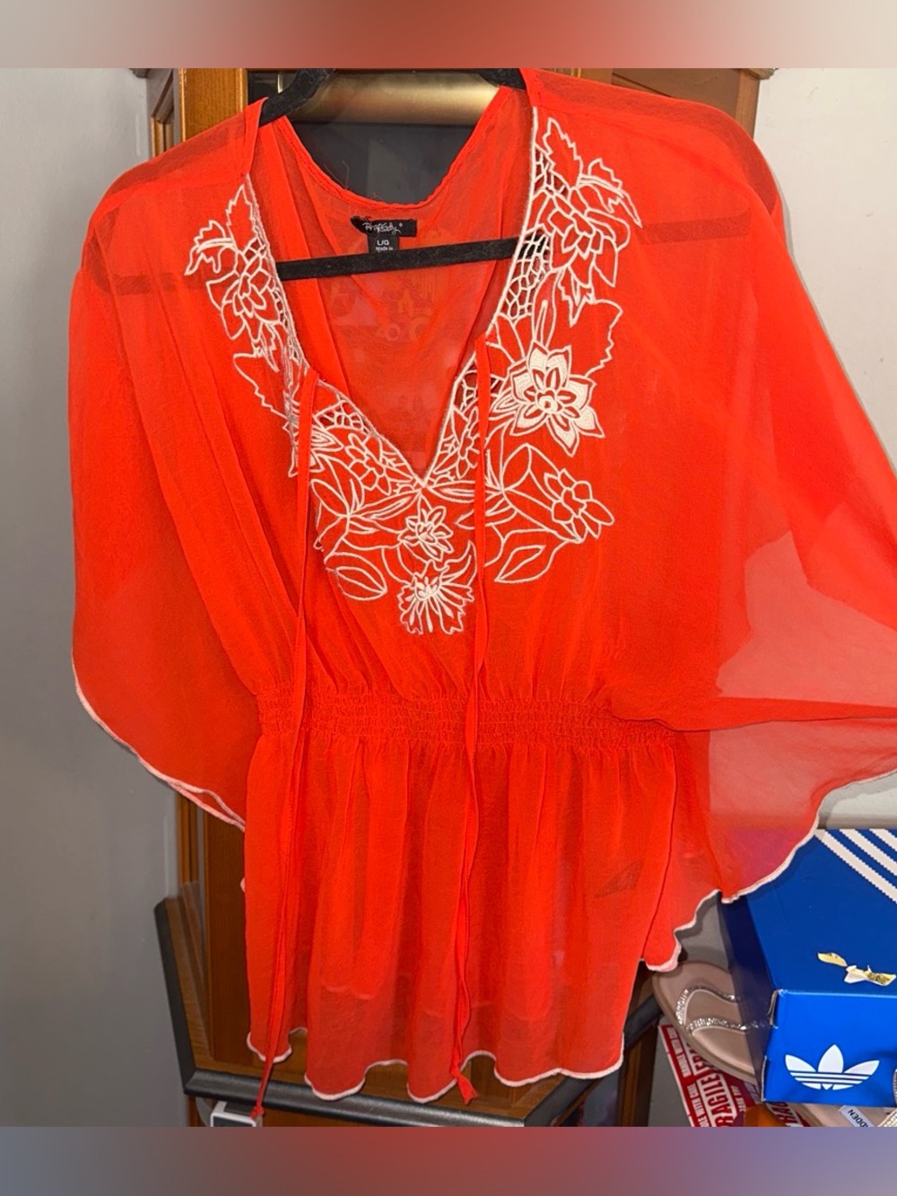 Rhapsody Y2K Bright Orange Sheer Floral Embroidered V-Neck Blouse